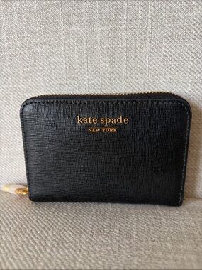 Kate Spade Black Saffiano Leather Morgan Zip Around Wallet with Gold Logo
